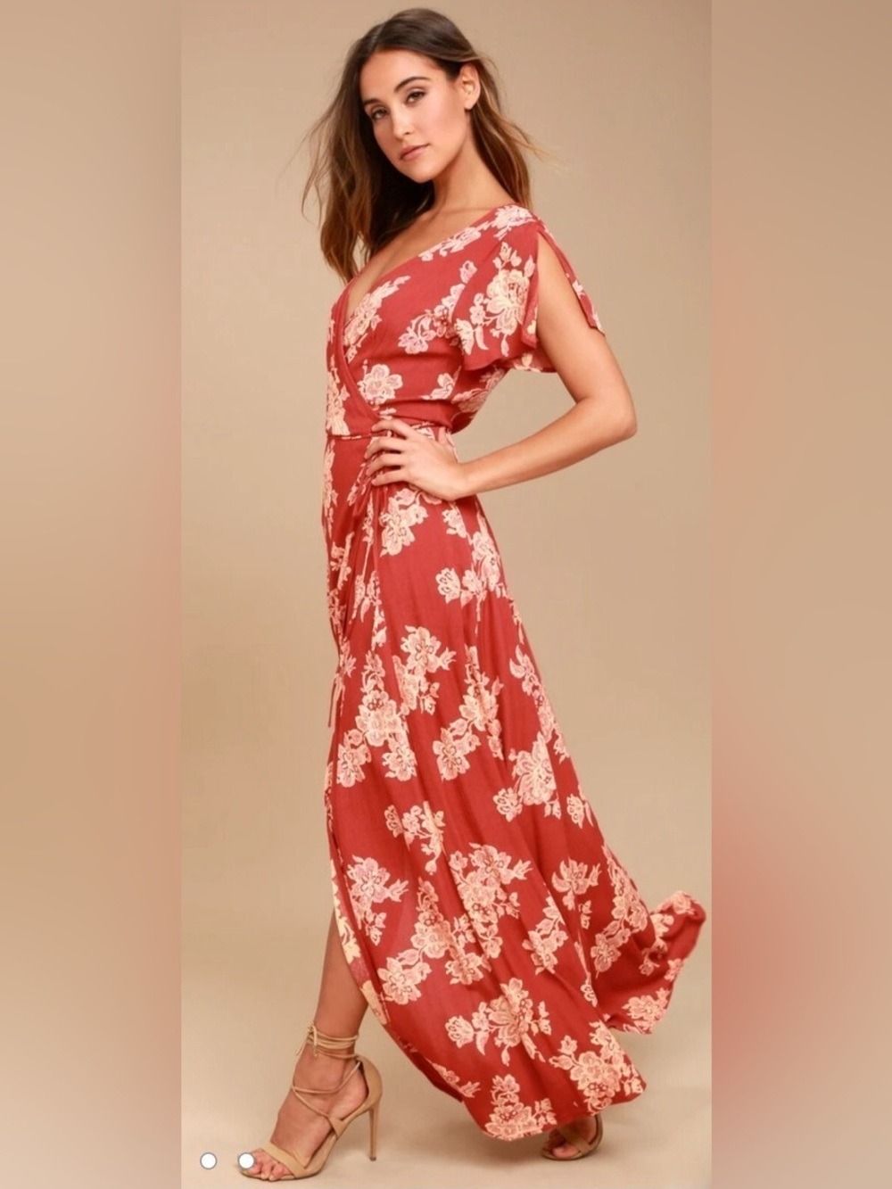 Lulus Heart of Marigold Rust Red Floral Print Wrap Maxi Dress - Size Medium